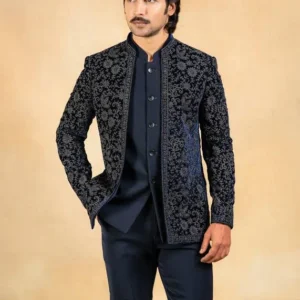 Royal Midnight Navy Embroidered Bandhgala Jacket Set